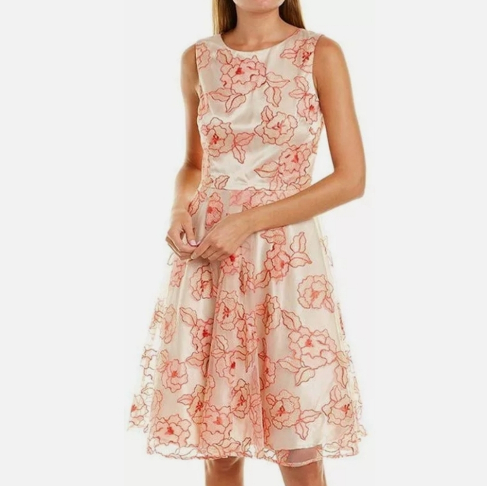 Rare NWT Tahari Coral Floral Embroidered Fit & Flare Dress - Size 10